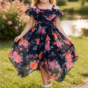Girls Navy Floral Cold-Shoulder Chiffon Dress